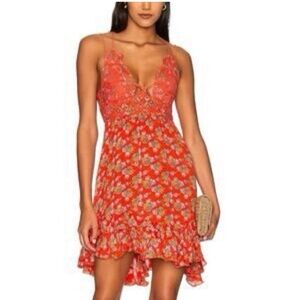 NEW Free People Asymmetrical Ruffled Adella Slip Floral Lace Red Orange Dress